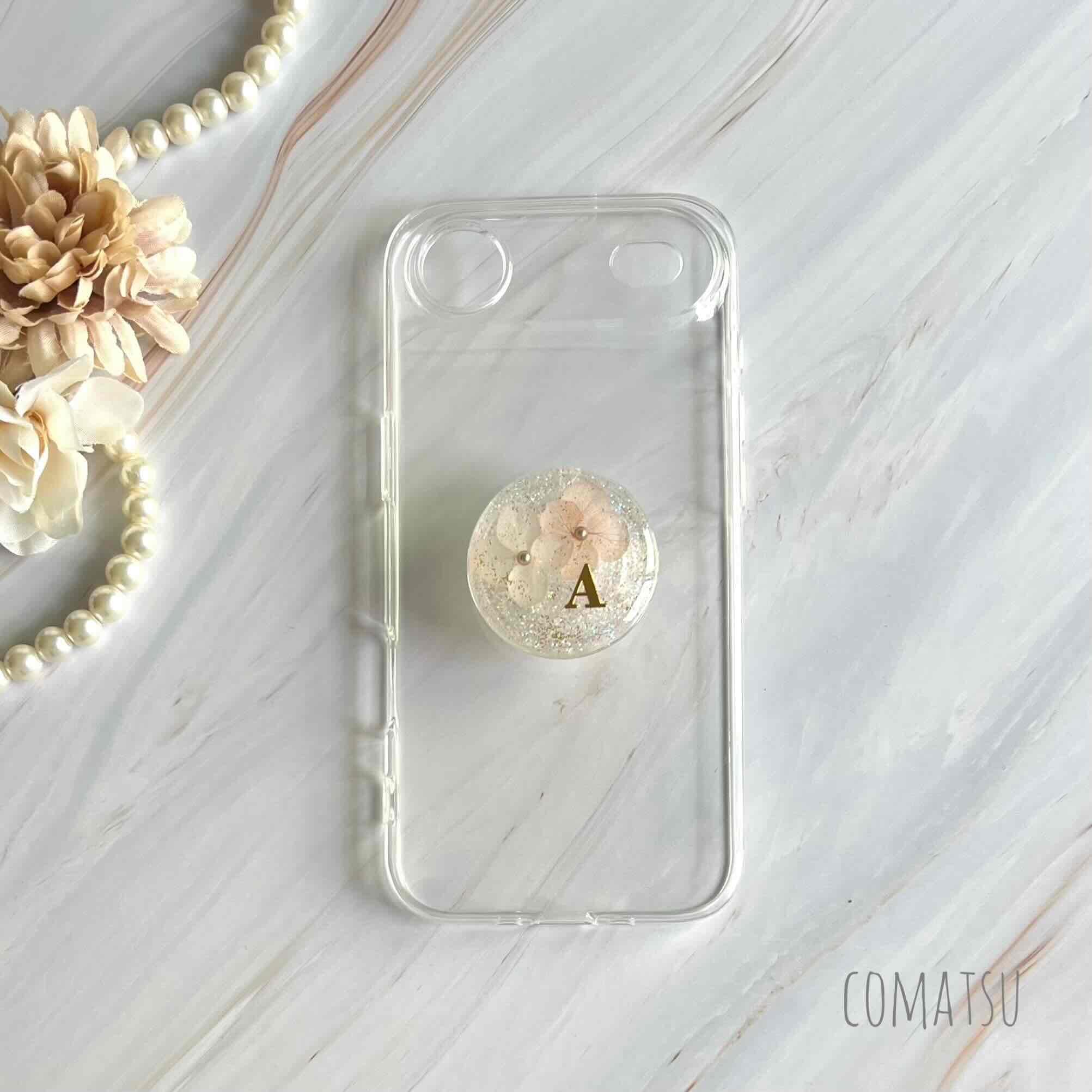 イニシャル入り きらきらDryFlower グリップソケット付きスマホケース スマホスタンド カバー